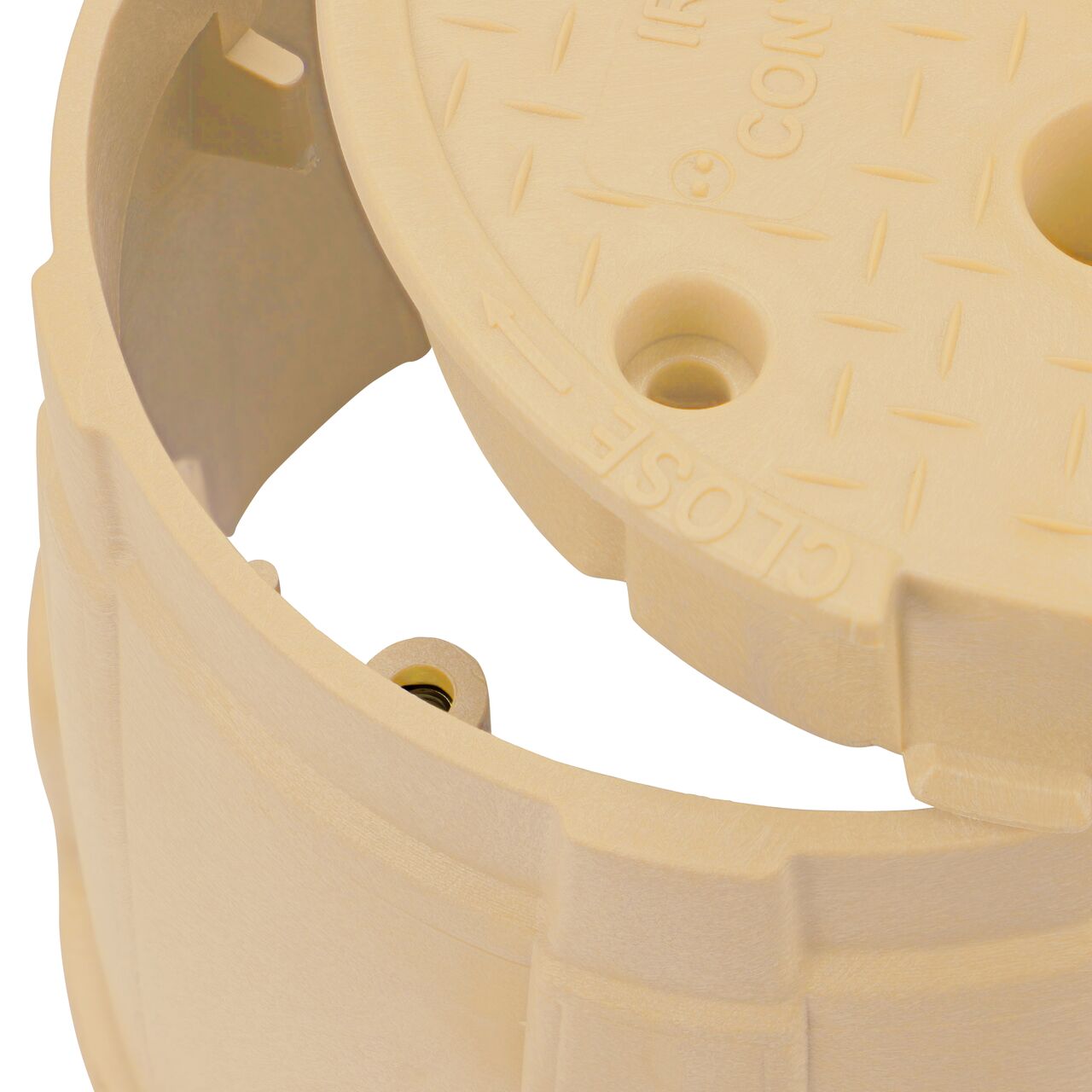 Align the bolt hole on the lid with the bolt hole from the NDS 10 in. Round Pro-Spec® Series Sand Box and Sand Irrigation Control Valve Cover (NDS 312BCBSAND) for a secure fit