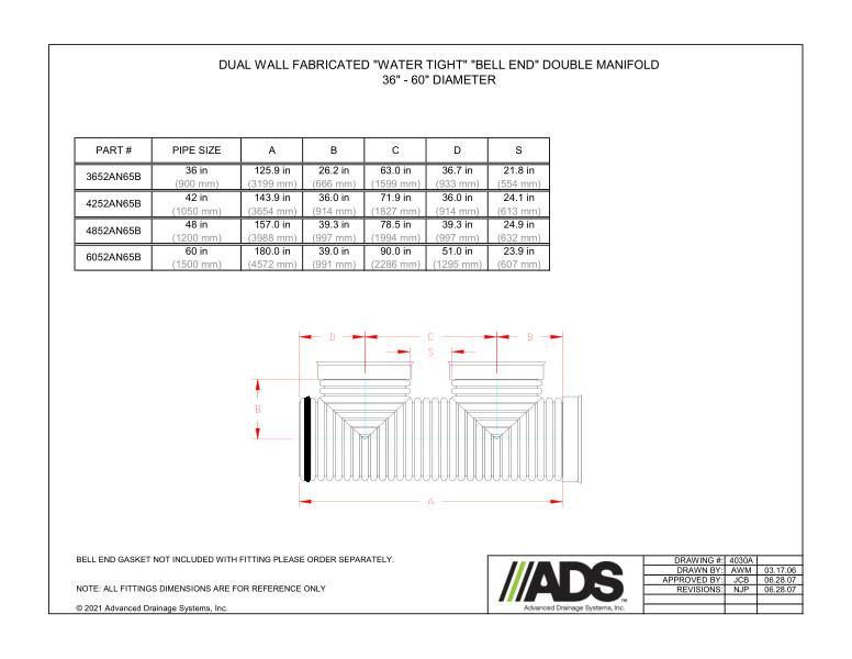 36" - 60" Fabricated Water Tight Bell End Double Manifolds (HDPE Dual Wall Fabricated Manifolds Fittings)