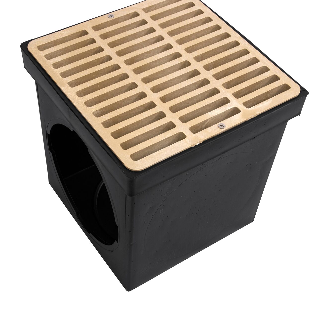 Closeup view of NDS 9 in. Square Catch Basin Drain Grate, Sand Plastic (NDS 999S) on a 9 in. Catch Basin Drain (NDS 900*)