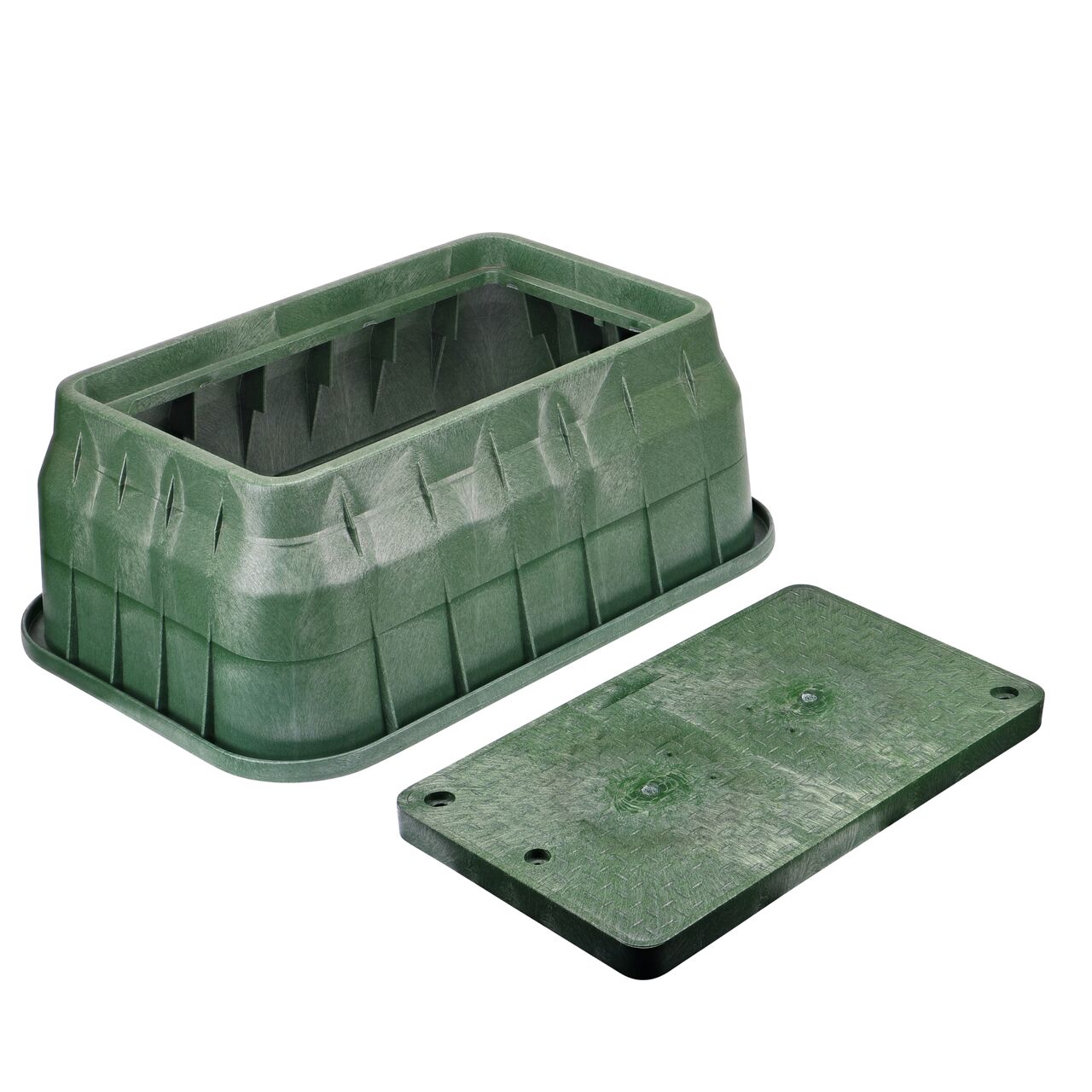 Unassembled View of the NDS 17 in. X 30 in. Black Rectangular Pro-Spec® Series valve box, bolts, and Green Irrigation Control Valve Drop-In cover (NDS 324BCDB)