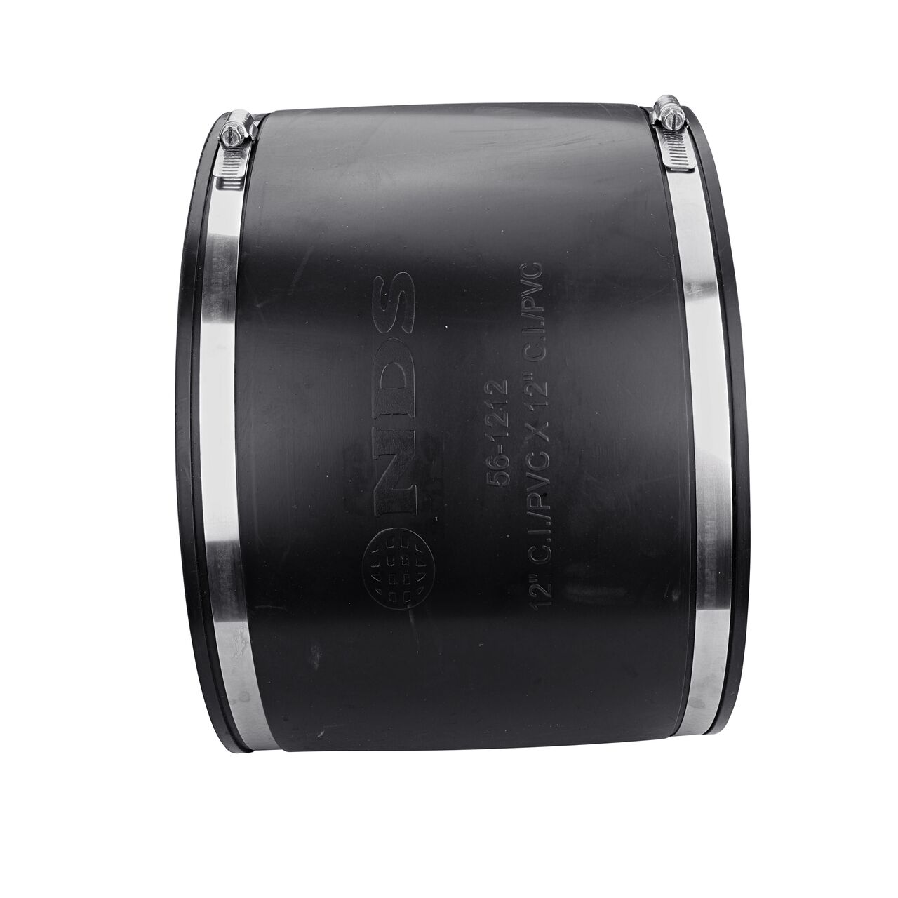 The NDS 12 in. flex coupling for cast iron/sewer and drain or DWV/copper/steel/lead pipes, in horizontal position, is made with material that flexes with normal earth movement (NDS 56-1212)