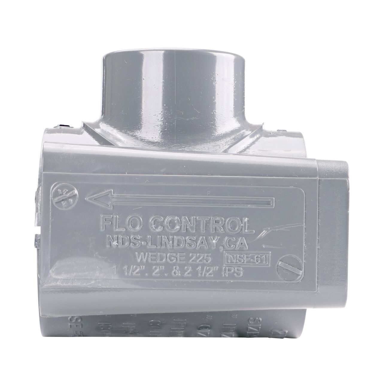 Side view showing patented wedge design in locked position on the NDS Clamp-It™ Rigid PVC Saddle with 1-1/2 in. slip connection on top (NDS 432515) for 2-1/2 in. PVC pipe
