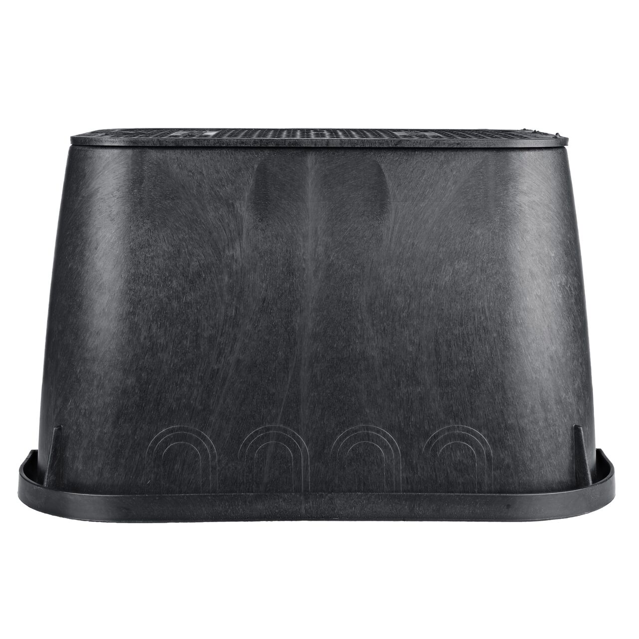 Side view of the longer length side of the NDS 14 X 19 in. Rectangular Standard Series Valve Box & Irrigation Control Valve Cover (NDS 113BCBLK) which is engineered for superior strength with structural reinforcing ribs
