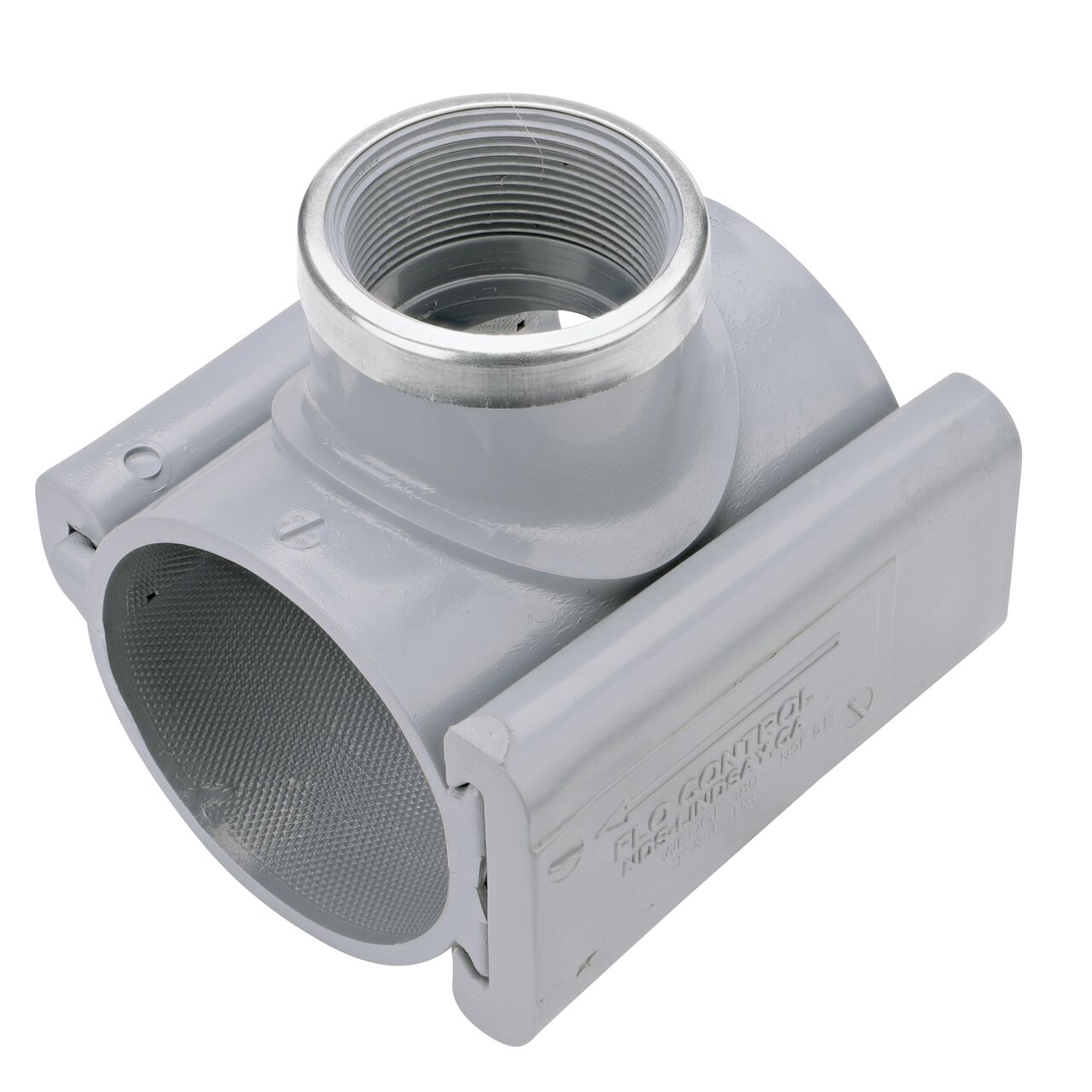 The 2 in. FPT outlet at the top of the NDS Clamp-It™ Rigid PVC Saddle (NDS 443020) for 3 in. PVC pipe adds a riser or sprinkler to an existing pipeline for agricultural or mining applications