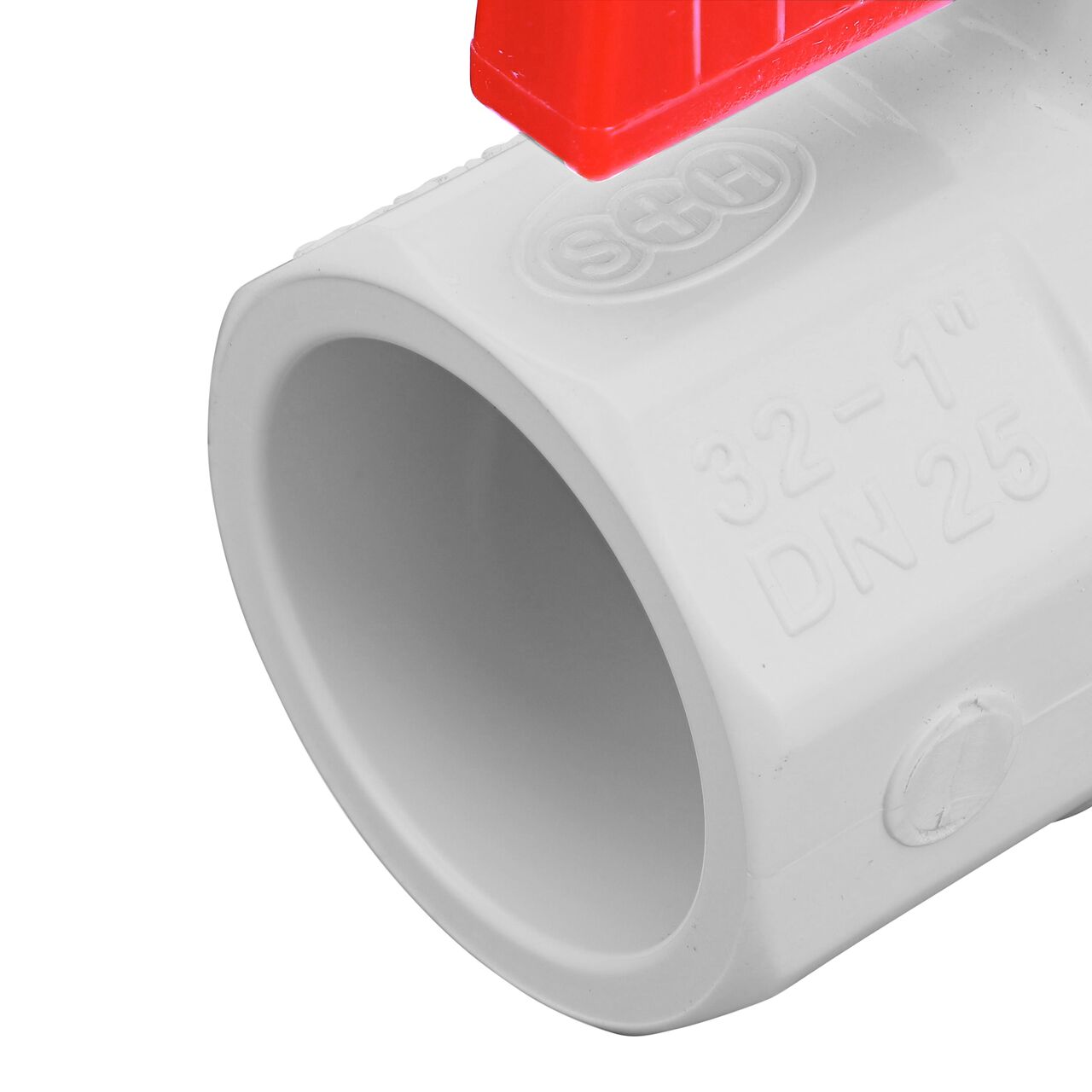 Closeup of the NDS IPS Ball Valve showing the stem that is made of durable PVC material (NDS E1410-10)