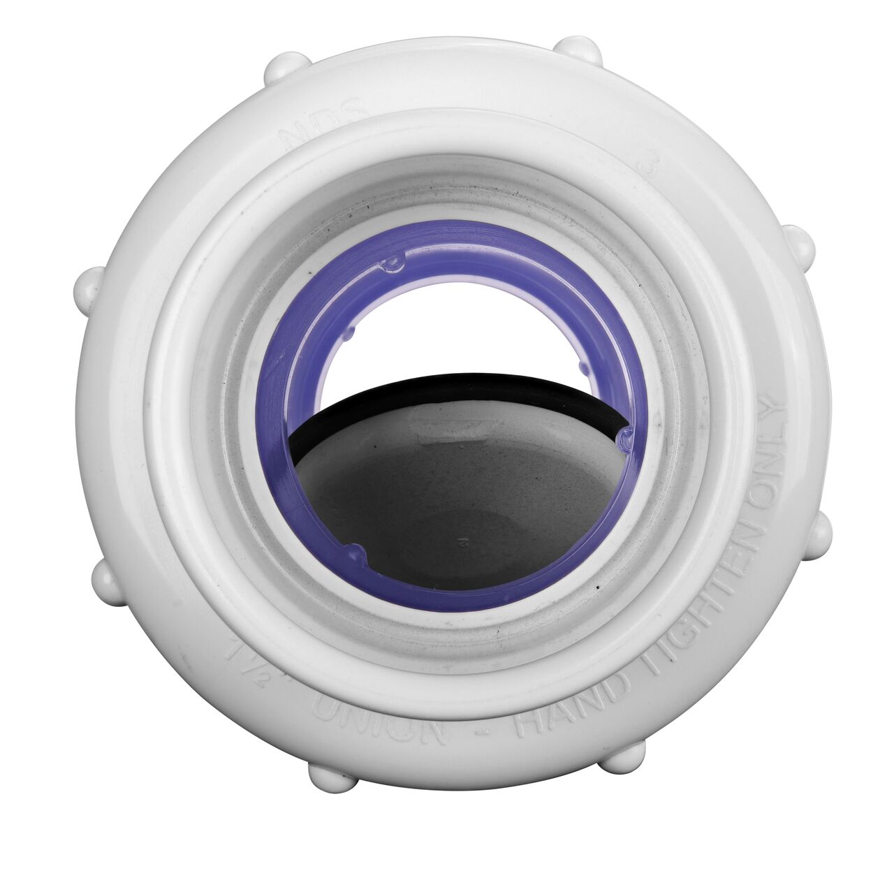 Water is conveyed one-way through the valve when the flap opens on the NDS Clear 1-1/2 in. IPS U X U PVC True Union Swing Check Valve (NDS 1720C15)