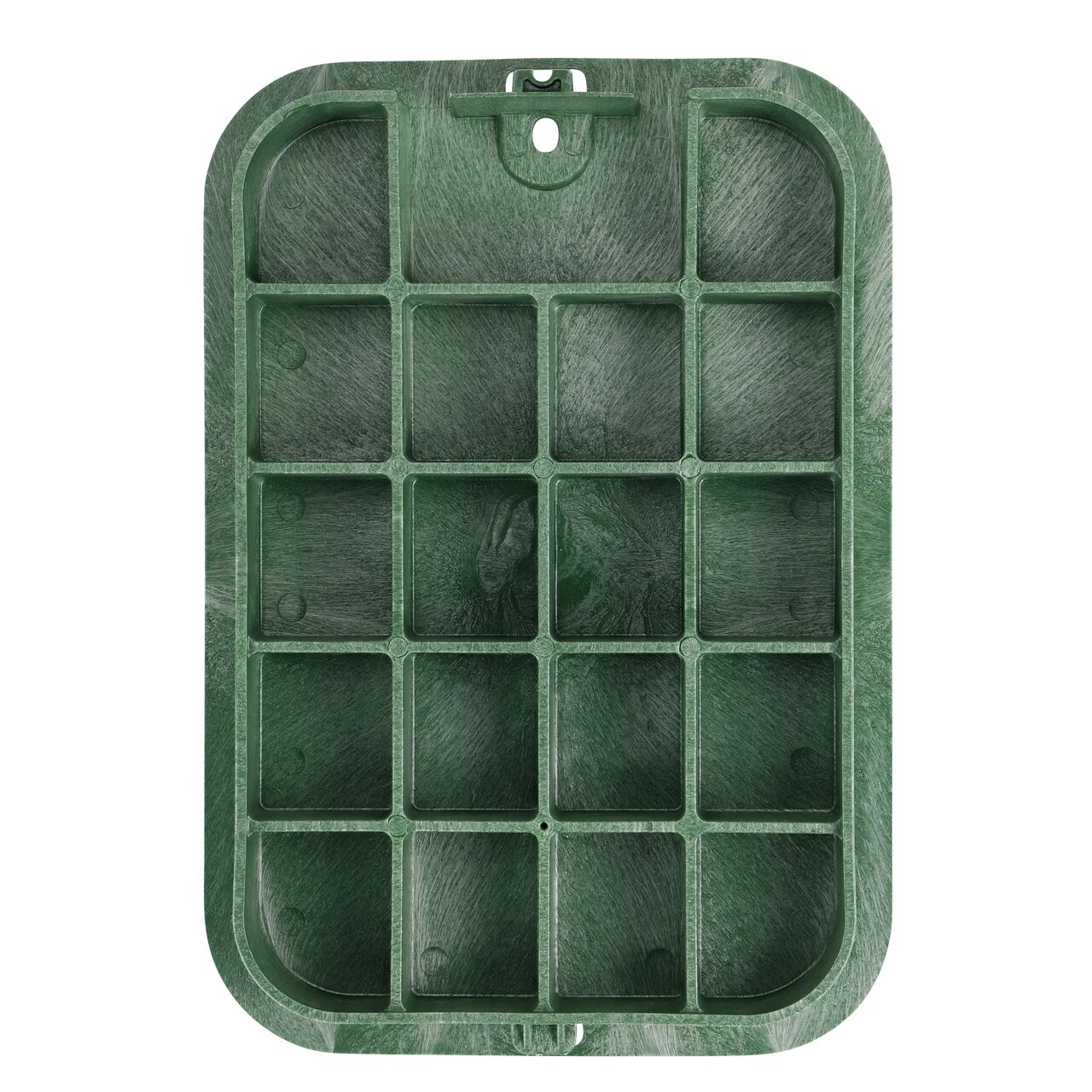 Top down view of the underside of the Green Irrigation Control Valve cover (NDS 113C) for the NDS 14 X 19 in. Rectangular Standard Series valve box showing reinforcing ribs that help support pedestrian and lawn care equipment