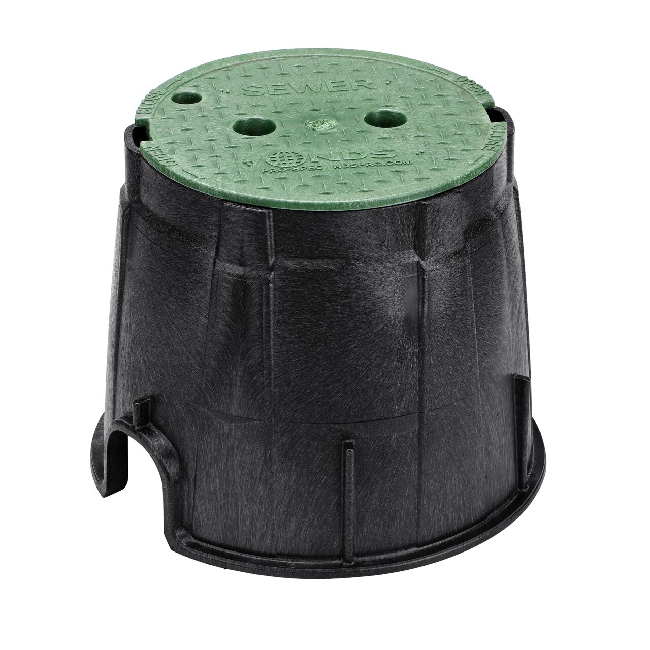 The NDS 10 in. Round Pro-Spec® Series Valve Box and Cover is an 10 in. high Black Box and Green Cover with Sewer markings on the lid (NDS 311BCS); protect underground irrigation and sprinkler system components and keep them out of sight