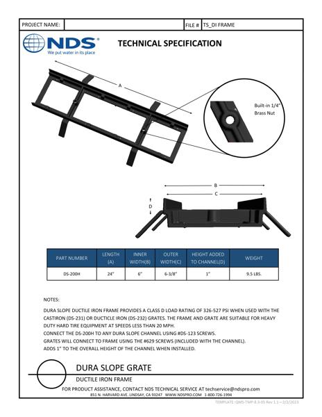 NDS Dura Slope® Channel Drain Ductile Iron Frame Tech Spec