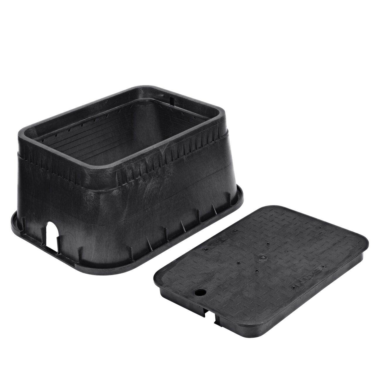 Unassembled View of the NDS 13 in. X 20 in. Black Rectangular Standard Series meter box and Black Water Meter drop-in cover (NDS D1500-OLSB)