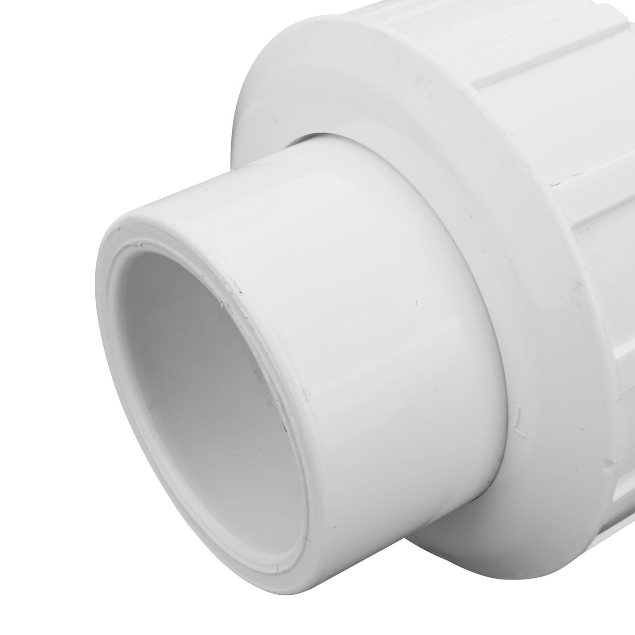 Closeup view of the other slip end on the PVC Union, 1 in. Sch. 40 S X S (NDS WU-1000-S) which provides a corrosion-free connection between pipes and prevents costly property damage