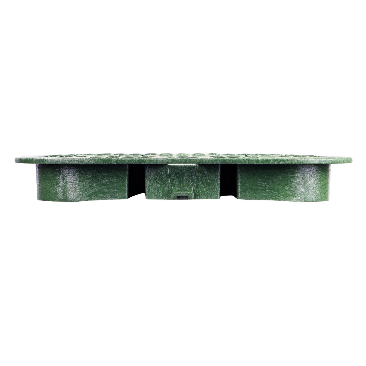 The NDS 13 in. X 20 in. Rectangular Pro-Spec® Series Green Water Valve Box Cover (NDS 318CW) is an overlapping lid shown here from the side, that prevents dirt and debris from entering the valve box