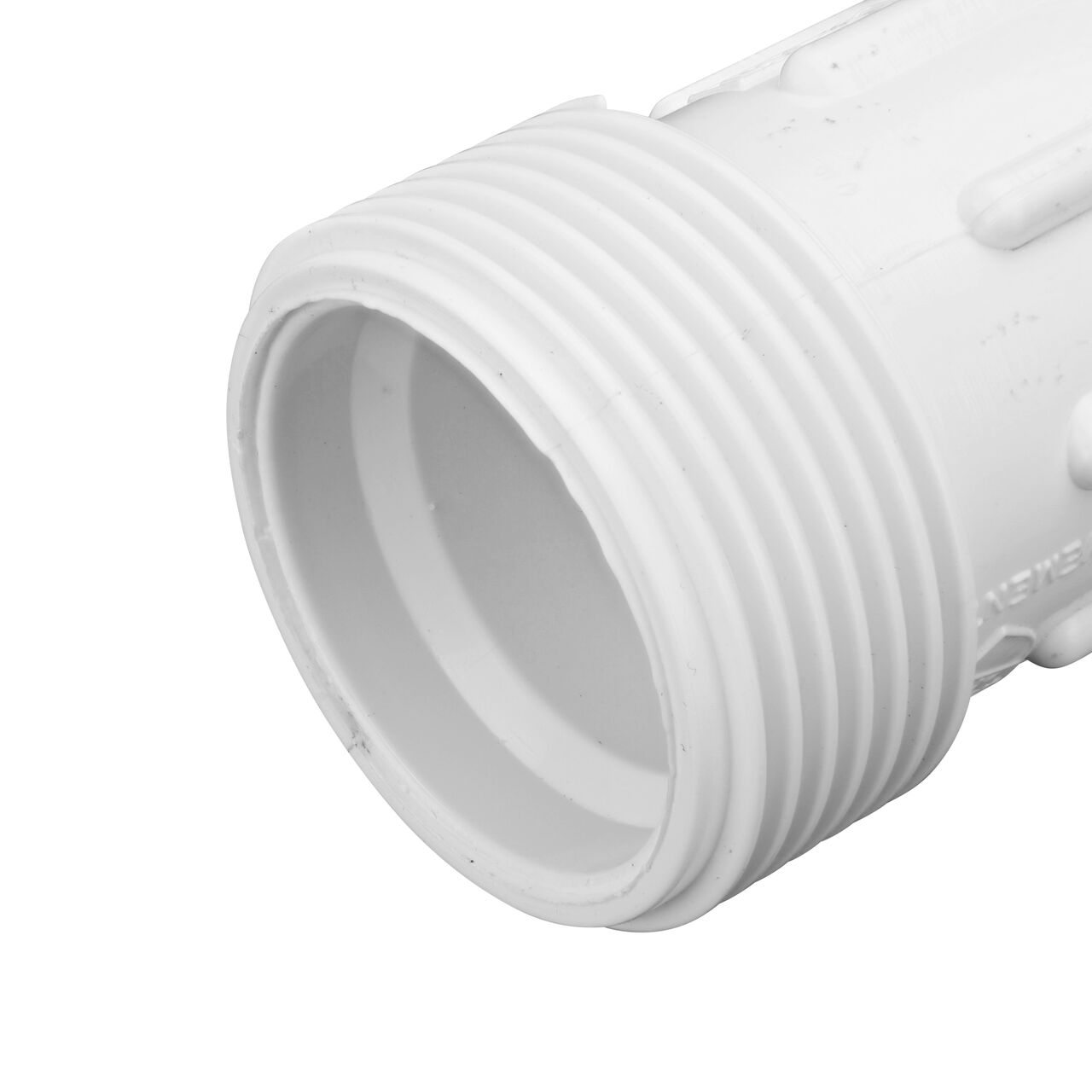 Closeup view of the PVC Compression Adapter, 3/4 in. IPS UC X 3/4 in. IPS showing MPT end that threads into FPT pipe which works with most plastic pipe to transport water and provide a leak-resistant connection (NDS CPA-0750)