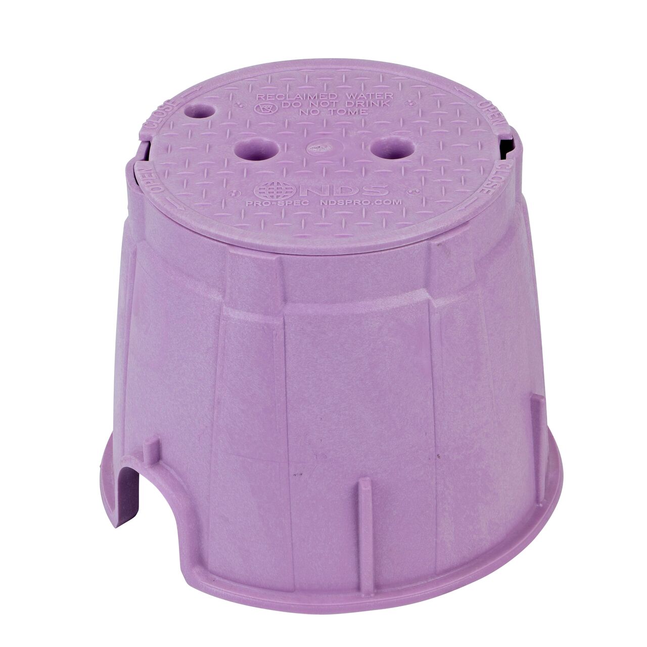 The NDS 10 in. Round Pro-Spec® Series Valve Box and Cover with bolt is a 10 in. high purple box and purple lid with reclaimed water markings on the lid (NDS 312PBCR); protect underground irrigation and sprinkler system components and keep them out of sight