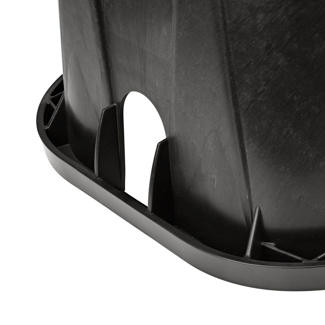 Closeup view of the pipe hole on the Black 14 in. X 19 in. Rectangular Pro-Spec® Series Valve Box (NDS 313BC) for water and irrigation pipe connections