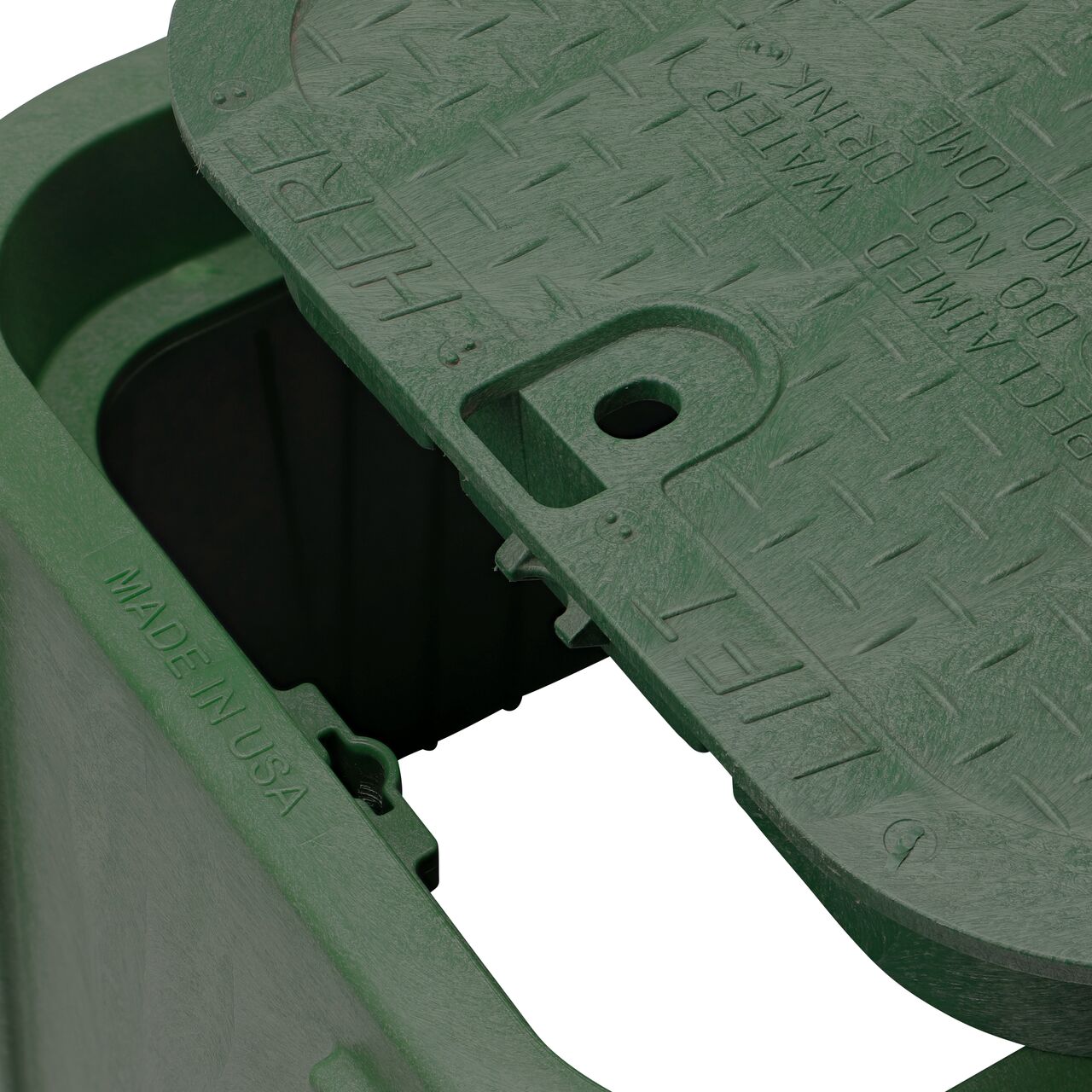 Align the bolt hole on the lid with the universal locking mechanism hole from the NDS 14 in. X 19 in. Rectangular Pro-Spec® Series Green Box and Green Reclaimed Water Cover (NDS 314BCBRG) for a secure fit