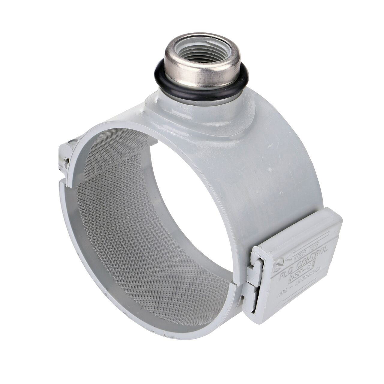 The NDS Clamp-It™ Rigid PVC Saddle for 4 in. PE pipe with 3/4 in. FPT connection on top (NDS 344007P) has a patented wedge design to install a sprinkler irrigation system to the existing pipe without any bolts