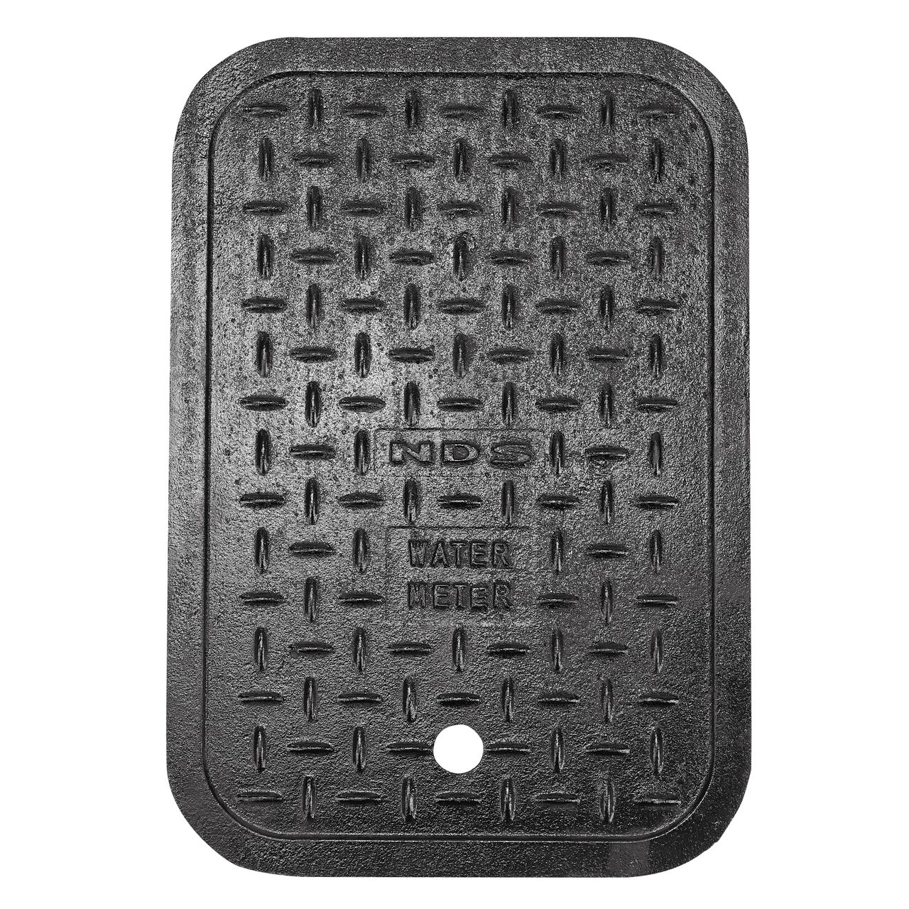 Top down view of the top side of the Black Cast Iron Water Meter Overlapping cover (NDS D1200-CIL) for the NDS 14 in. X 19 in. Rectangular Standard Series Meter Boxes
