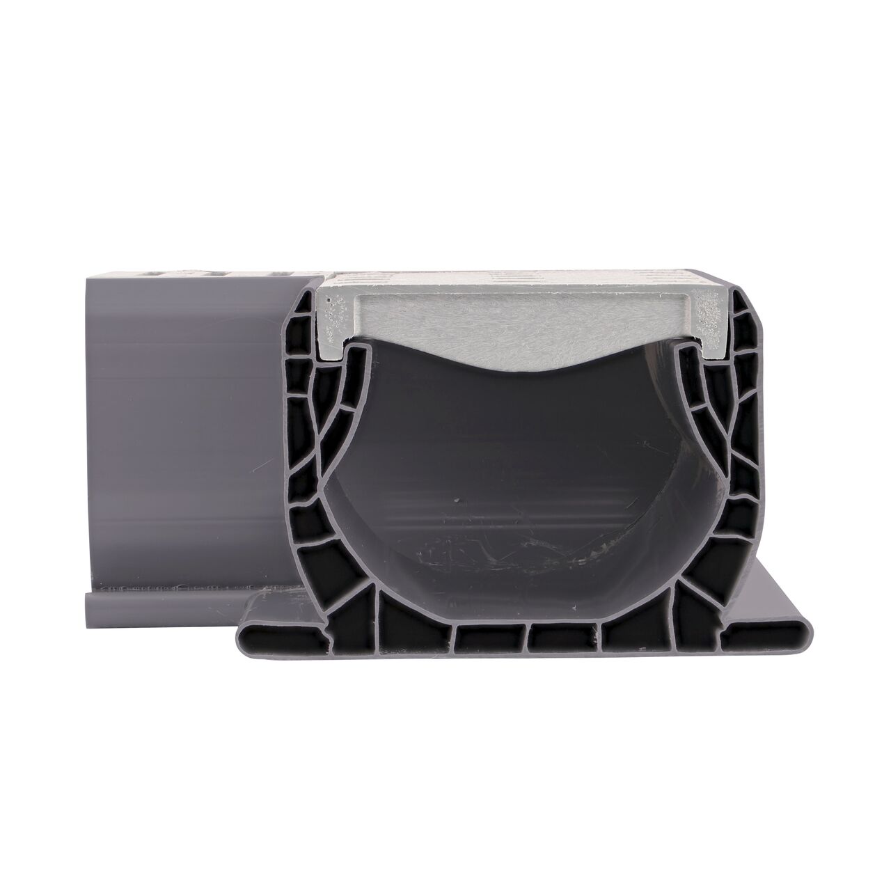 Side view of one end inside of drain on the Spee-D® Channel Drain 90° Elbow and Grate (NDS 2381, 2381*)