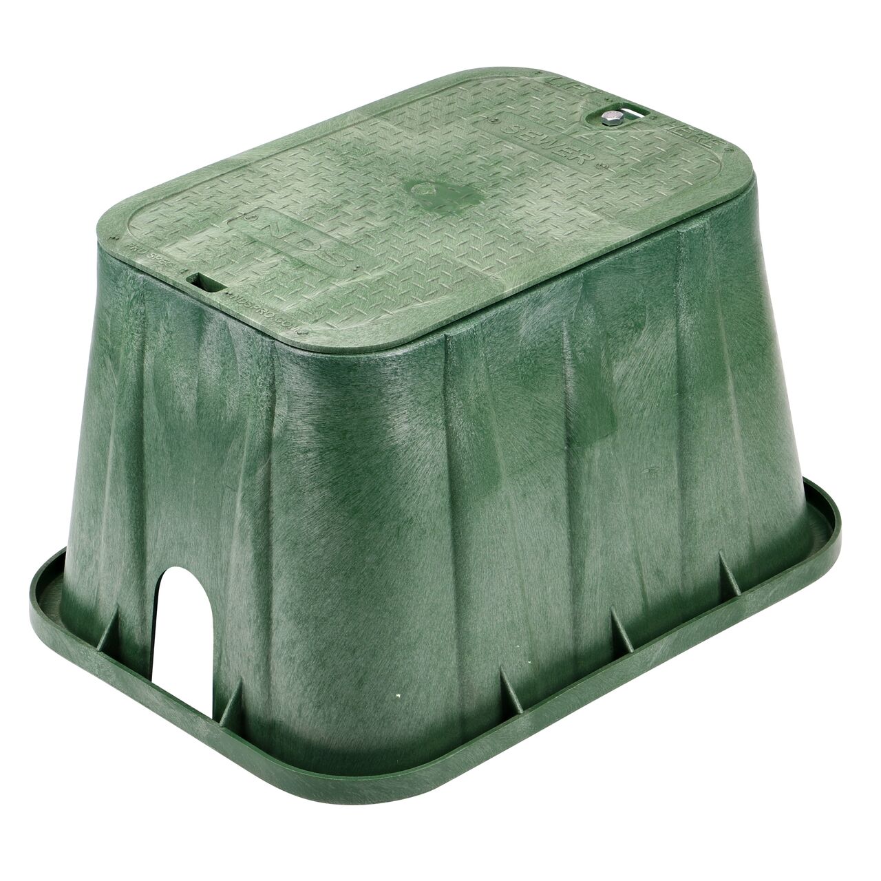 The NDS 14 in. X 19 in. Rectangular Pro-Spec® Series Valve Box and Cover with Bolt is a 12 in. high Green Box and Green Cover with Sewer markings on the lid (NDS 314BCBS) and protects underground irrigation and sprinkler system components and keeps them out of sight