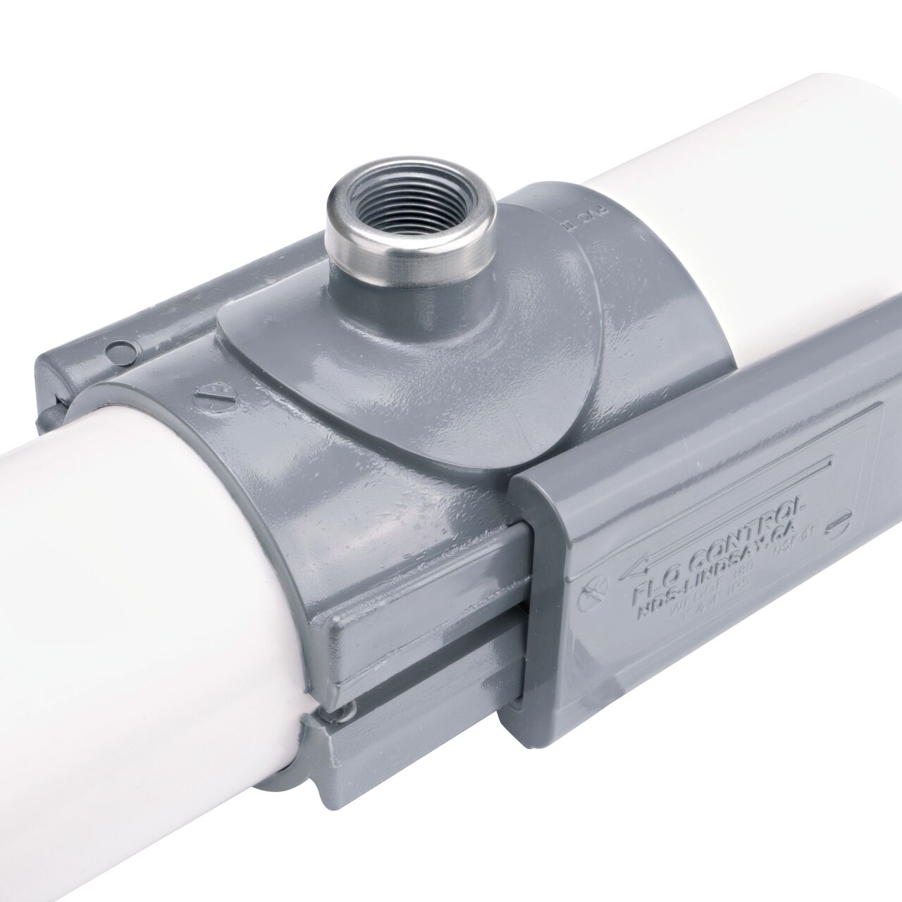 The NDS Clamp-It™ Rigid PVC Saddle with 3/4 in. FPT connection on top (NDS 443007) installed onto 3 inch PVC pipe with the wedge closure half-way secure