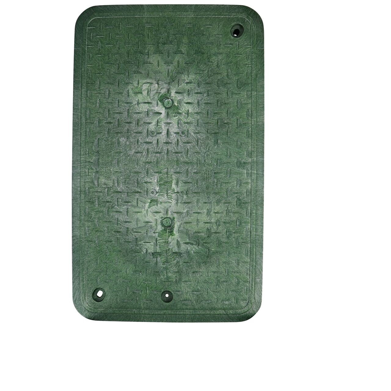 Top down view of the top side of the Green Irrigation Control Valve cover for the NDS 17 in. X 30 in. Rectangular Pro-Spec® Series Valve Box (NDS 324BCB) showing the Green Irrigation Control Valve markings