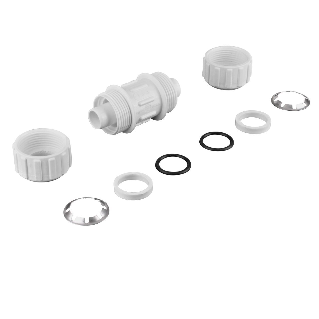 The NDS 1 in. SDR-9 CTS Flo-Lock™ Gripper Coupling fully unassembled showing the steel gripper, EPDM O-Ring, and stiffner (NDS 710-10)