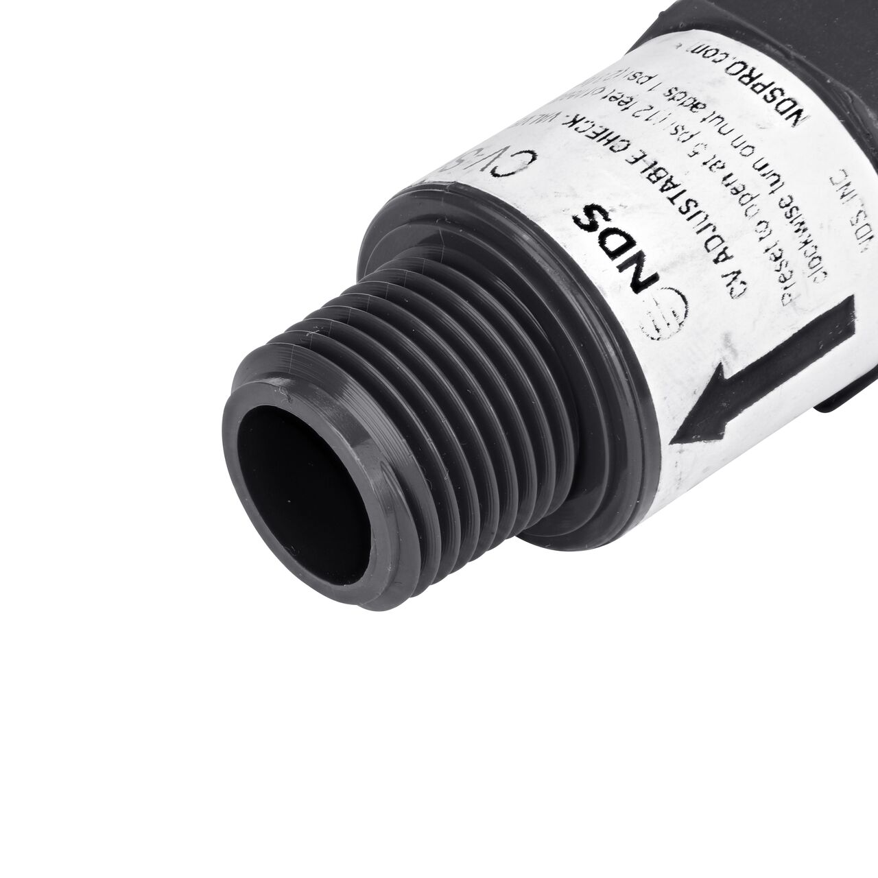 Closeup of the MPT end of the NDS Gray 1/2 in. IPS FPT X MPT PVC Adjustable Inline Spring Check Valve (NDS CV-0500-FM)