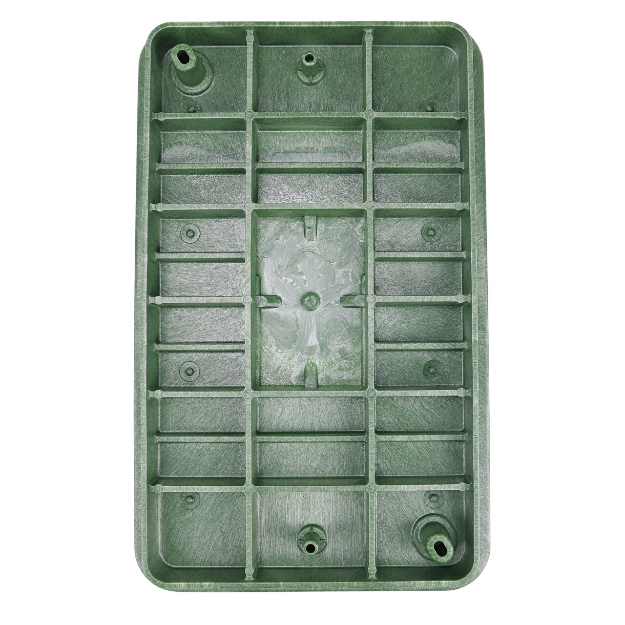 Top down view of the underside side of the Green Irrigation Control Valve cover (NDS 325BCB) for the NDS 13 in. X 24 in. Rectangular Pro-Spec® Series valve box , showing reinforcing ribs that are load rated to withstand pedestrian traffic and the rigors of lawn care equipment
