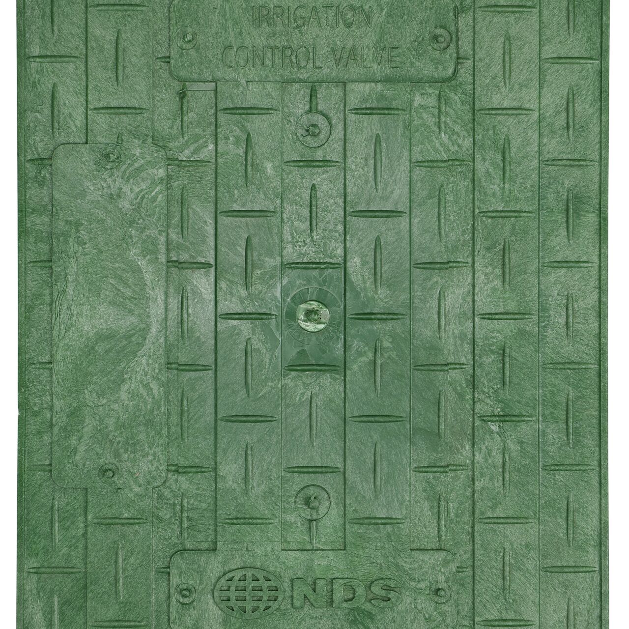 Closeup view of the Irrigation Control Valve markings on the Green Irrigation Control Valve cover for the NDS 14 in. X 19 in. Rectangular Standard Series Valve Box (NDS 113BCD)