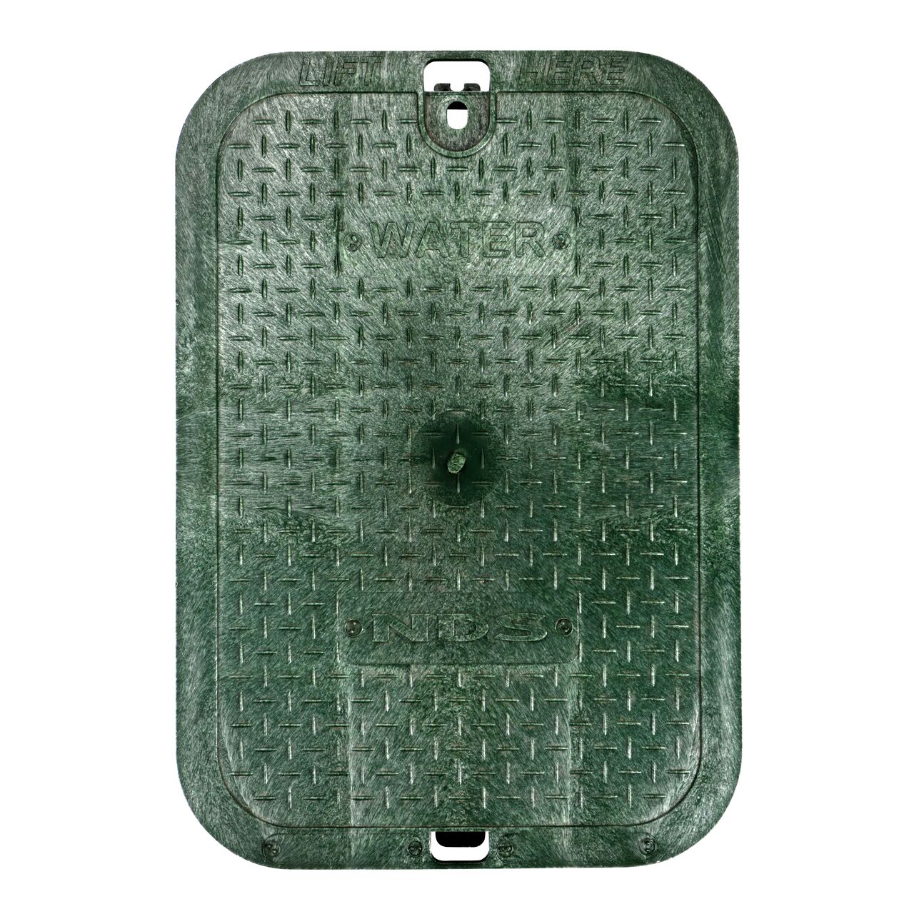 Top down view of the top side of the green water cover with finger indentations to lift and remove lid (NDS 114CW) for the NDS 14 in. X 19 in. Rectangular Standard Series valve box