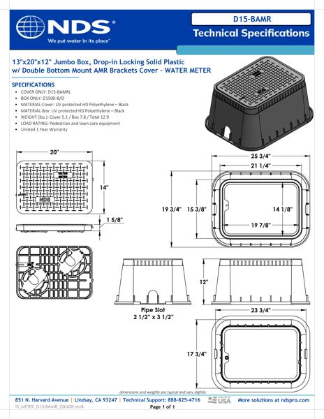 NDS 13 in. X 20 in. Rectangular Meter Box with Dual Pipe Slots and Locking Drop-in AMR Bottom Mount Cover, 12 in. Height, Black Box, Black Water Meter Cover Tech Spec