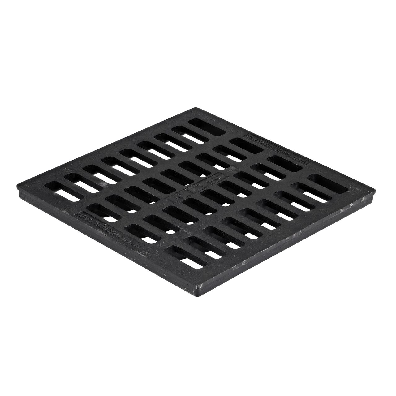 Hero shot of 18 in. Cast Iron Square Catch Basin Drain Grate (NDS 1813) which sits on 18 in. catch basin (NDS 1882) and drains water as it blocks pipe-clogging debris