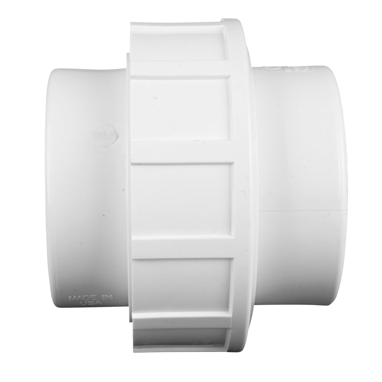 Side view of PVC Union, 2 in. Sch. 40 FPT X FPT showing two threaded ends that slide onto Sch. 40 pipe ends (NDS WU-2000-T)