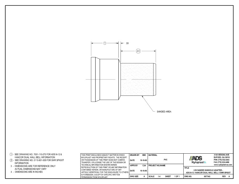 6" Sanded Manhole Adapter - N-12 Dual Wall Bell x SWR Spigot Nyloplast Detail