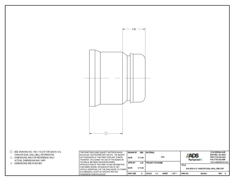 8" N-12 Dual Wall End Cap Nyloplast Detail