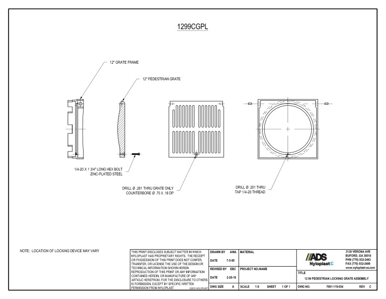 12" Pedestrian Locking Grate Assembly Nyloplast Detail