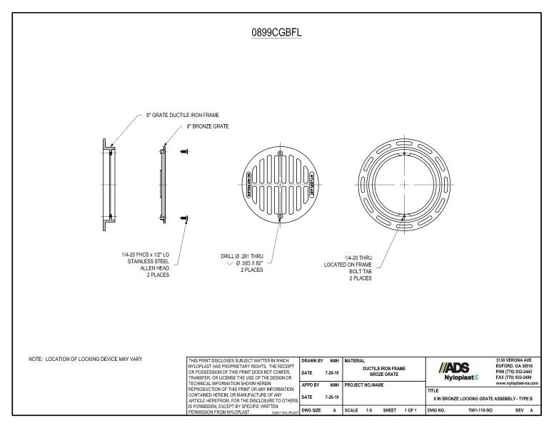 8" Bronze Locking Grate Assembly (Drain Basin) Nyloplast Detail