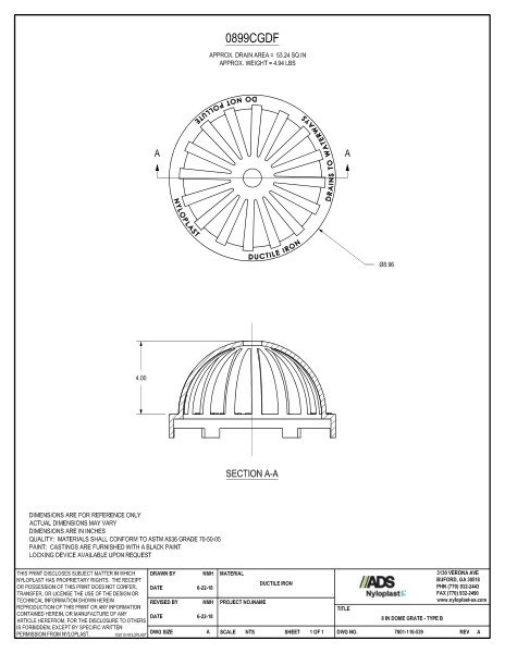 8" Dome Grate Assembly (Drain Basin) Nyloplast Detail