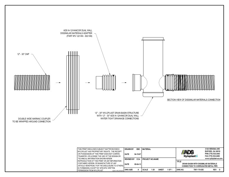 Drain Basin with Dissimilar Materials Connection to Corrugated Metal Pipe Nyloplast Detail