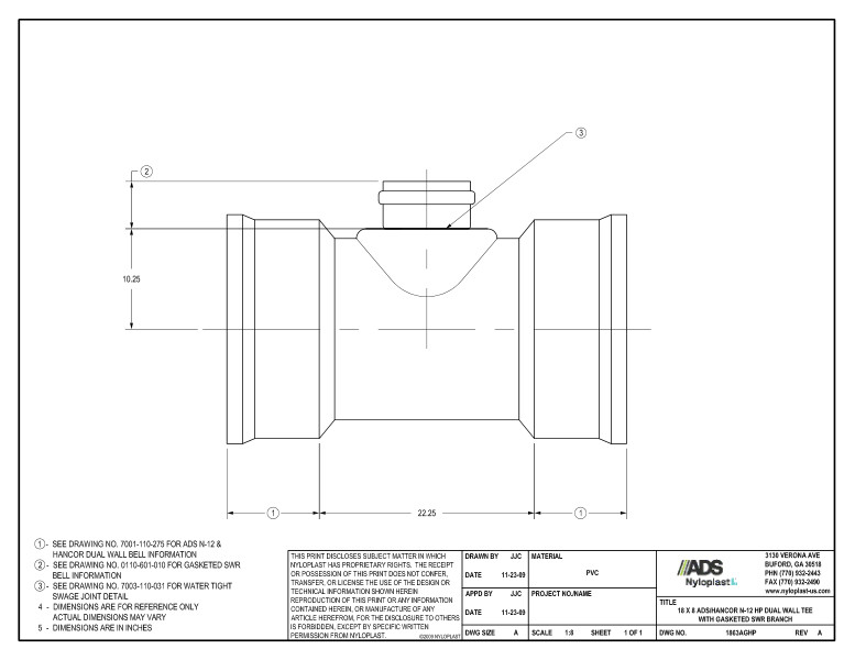 18 x 8 HP Tee with Gasketed SWR Bell Nyloplast Detail