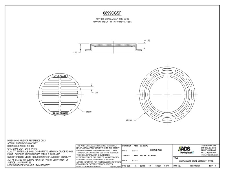 8" Standard Grate Assembly (Drain Basin) Nyloplast Detail