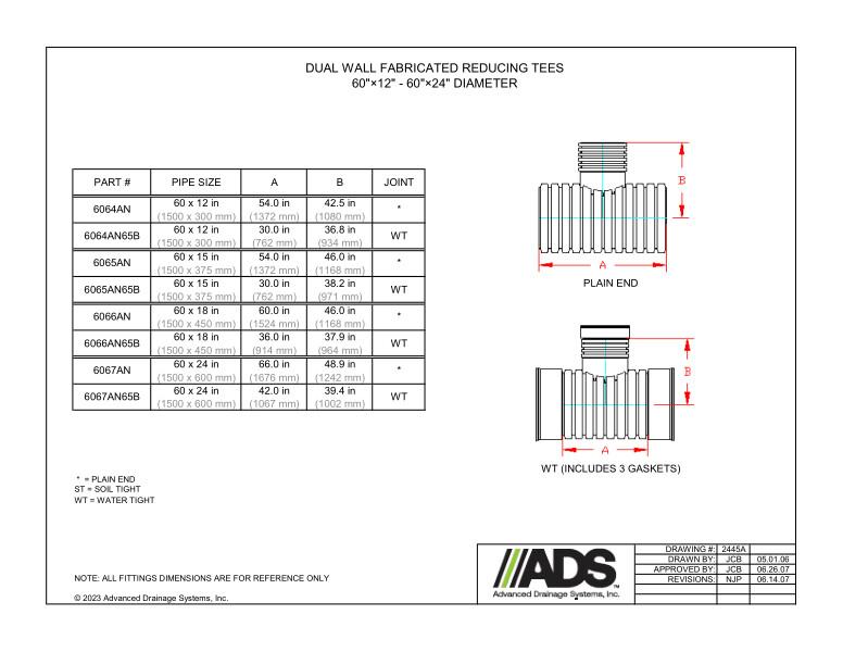 60" x 12" - 60" x 24"  Fabricated Reducing Tees (HDPE Dual Wall Fabricated Tees Fittings)