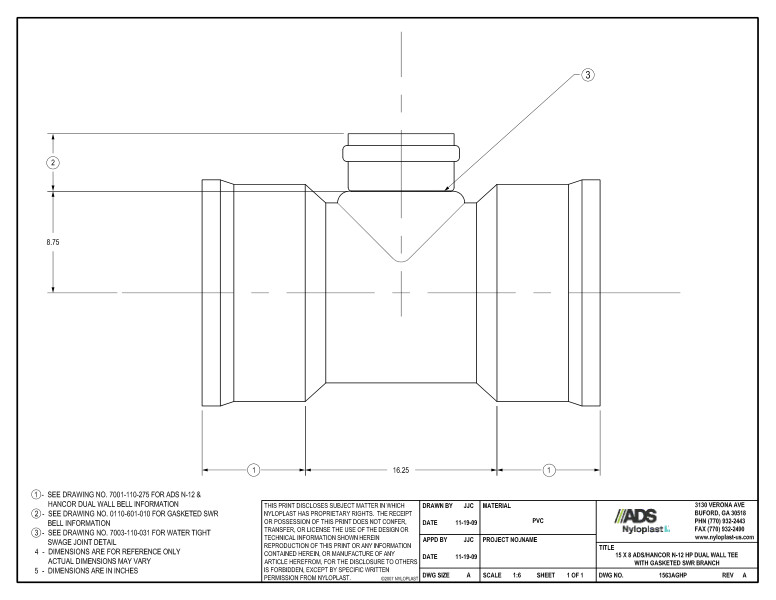 15 x 8 HP Tee with Gasketed SWR Bell Nyloplast Detail