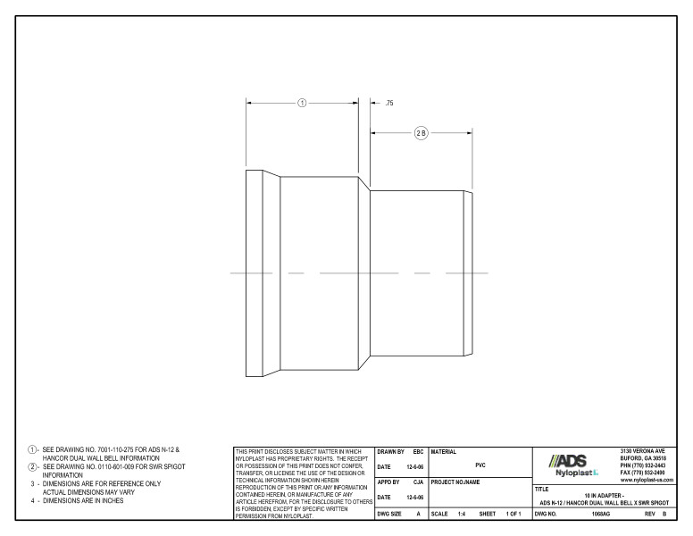 10" Adapter - N-12 Dual Wall Bell x SWR Spigot Nyloplast Detail