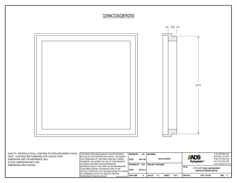 2' x 2' Road & Highway Grate Extension Nyloplast Detail