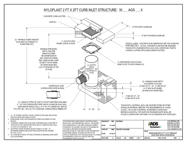 Drain Basin with 2' x 2' Curb Inlet Quick Spec Installation Nyloplast Detail