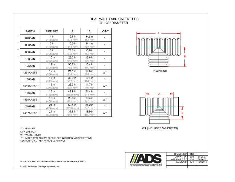 4" - 24" Fabricated Tees (HDPE Dual Wall Fabricated Tees Fittings)