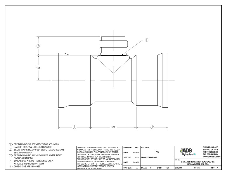 8 x 4 N-12 Dual Wall Tee with Gasketed SWR Bell Nyloplast Detail