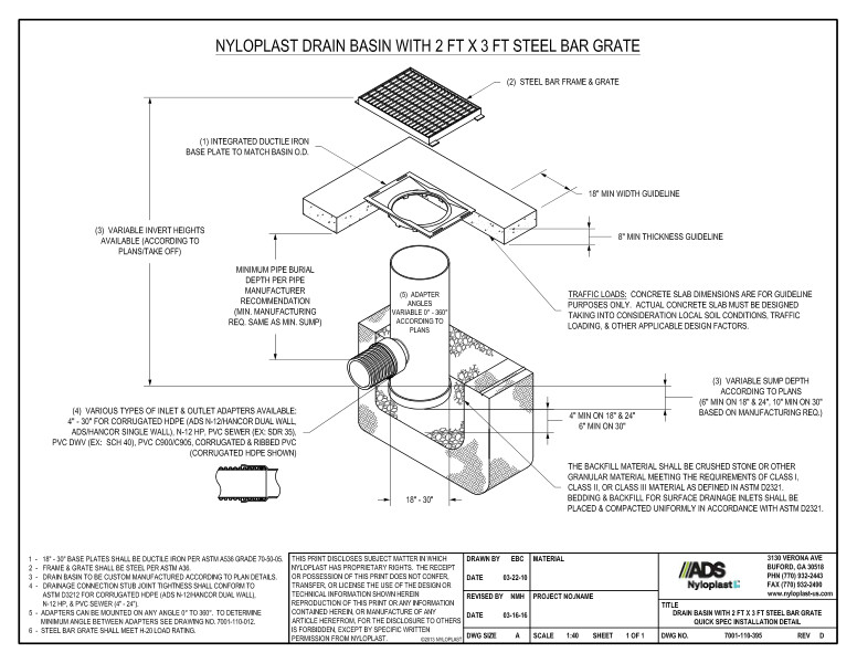 Drain Basin with 2' x 3' Steel Bar Grate Quick Spec Installation Nyloplast Detail